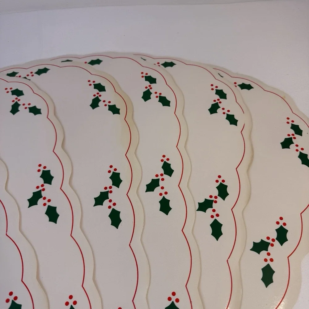 6 Vintage Placemat Set Holly Berry Christmas Holiday Oval Vinyl MCM Granny Core